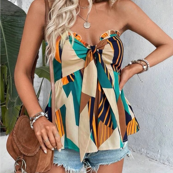 Boho Abstract  Striped Geo Print Frill Knot Front Strapless Top Blouse Shirt - Picture 5 of 12